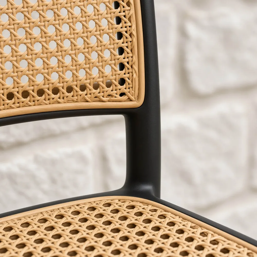 Taburete Piso de Bar Delta 66 cm Negro Asiento y Respaldo Efecto Ratán