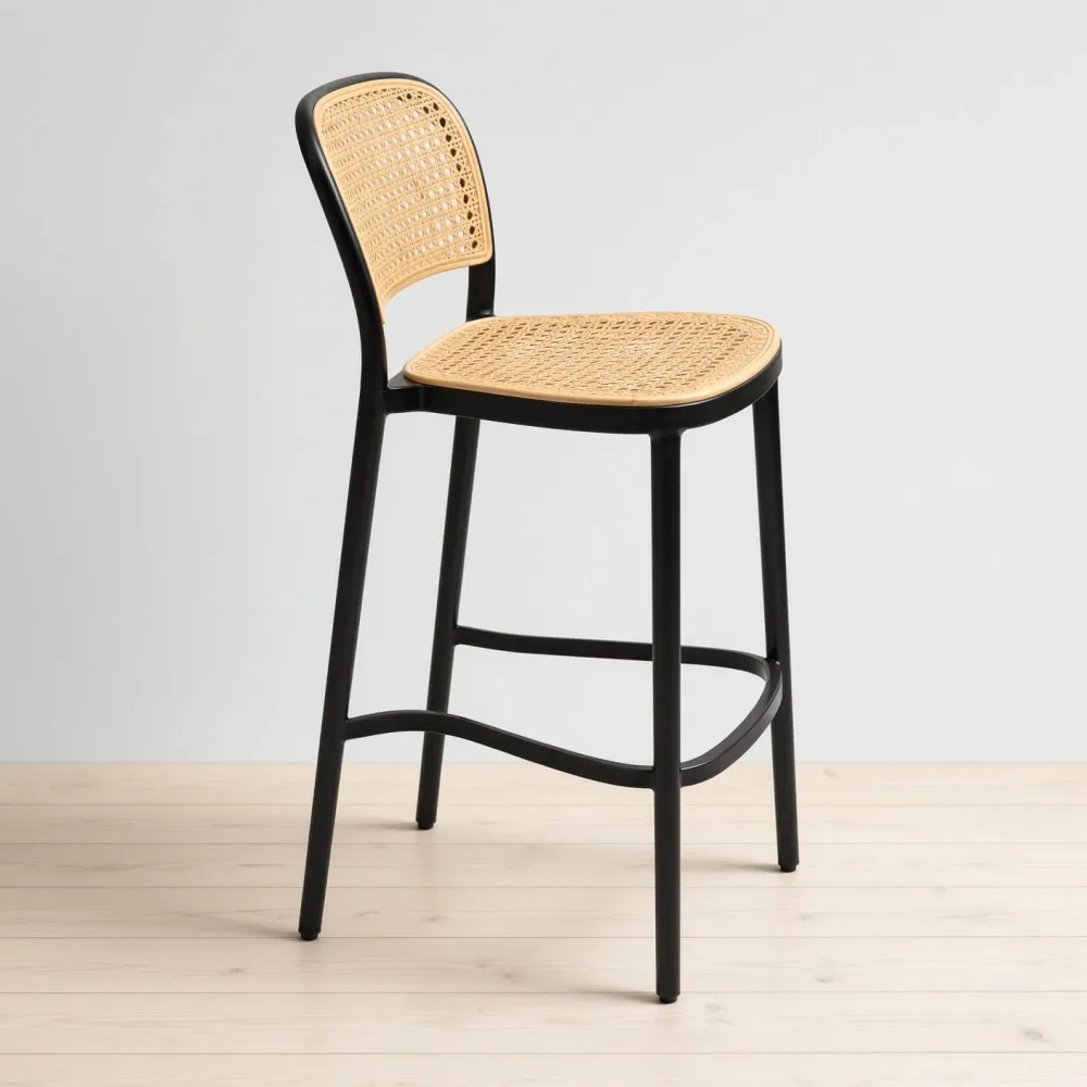 Taburete Piso de Bar Delta 66 cm Negro Asiento y Respaldo Efecto Ratán