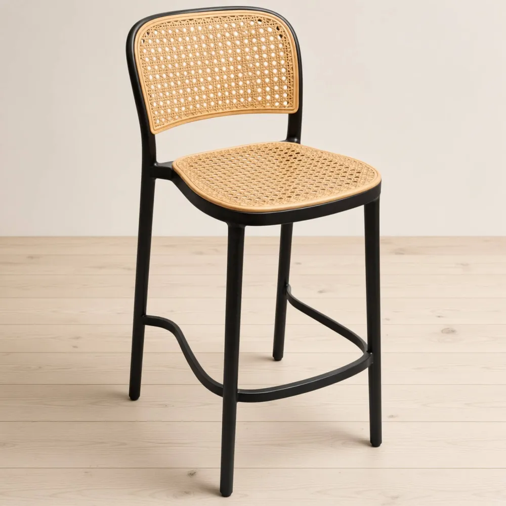 Taburete Piso de Bar Delta 66 cm Negro Asiento y Respaldo Efecto Ratán