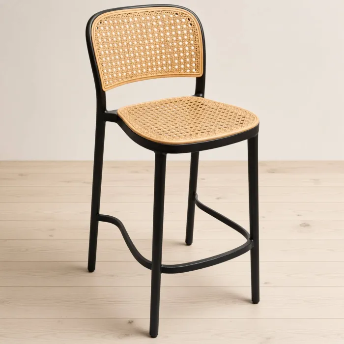 Taburete Piso de Bar Delta 66 cm Negro Asiento y Respaldo Efecto Ratán