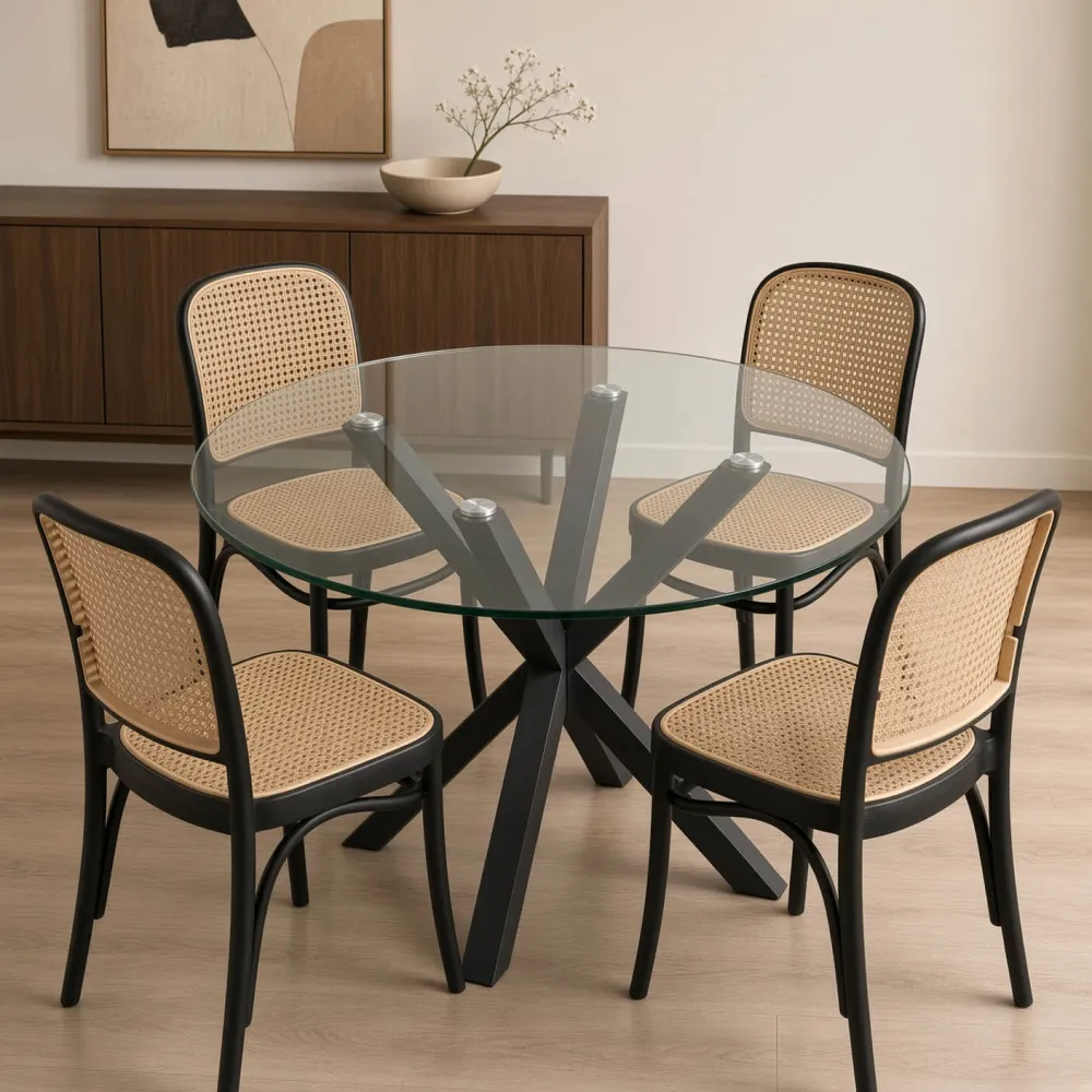 Comedor Redondo Vidrio Cross 100cm Patas Negras 4 Sillas Lombardía Efecto Ratán