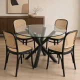 Comedor Redondo Vidrio Cross 100cm Patas Negras 4 Sillas Lombardía Efecto Ratán