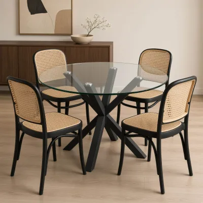 Comedor Redondo Vidrio Cross 100cm Patas Negras 4 Sillas Lombardía Efecto Ratán