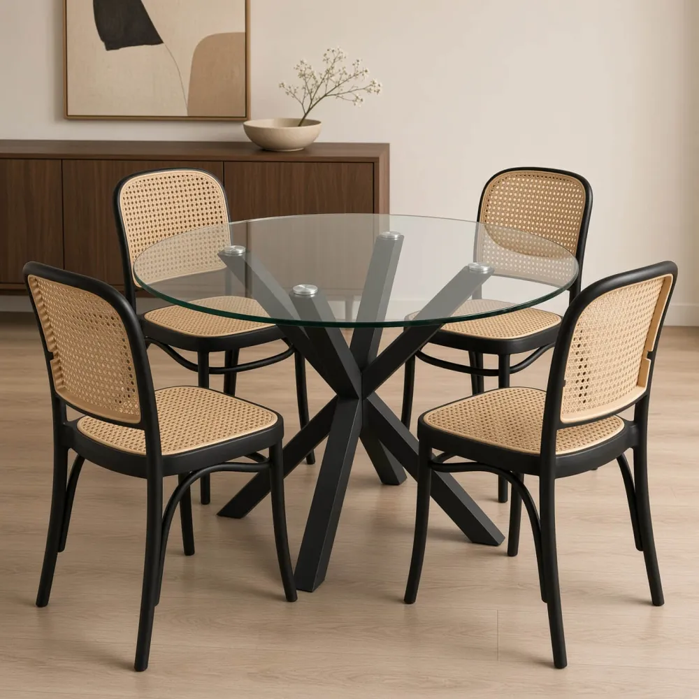 Comedor Redondo Vidrio Cross 100cm Patas Negras 4 Sillas Lombardía Efecto Ratán
