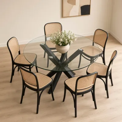 Comedor Redondo Vidrio Cross 120cm Patas Negras 6 Sillas Lombardía Efecto Ratán