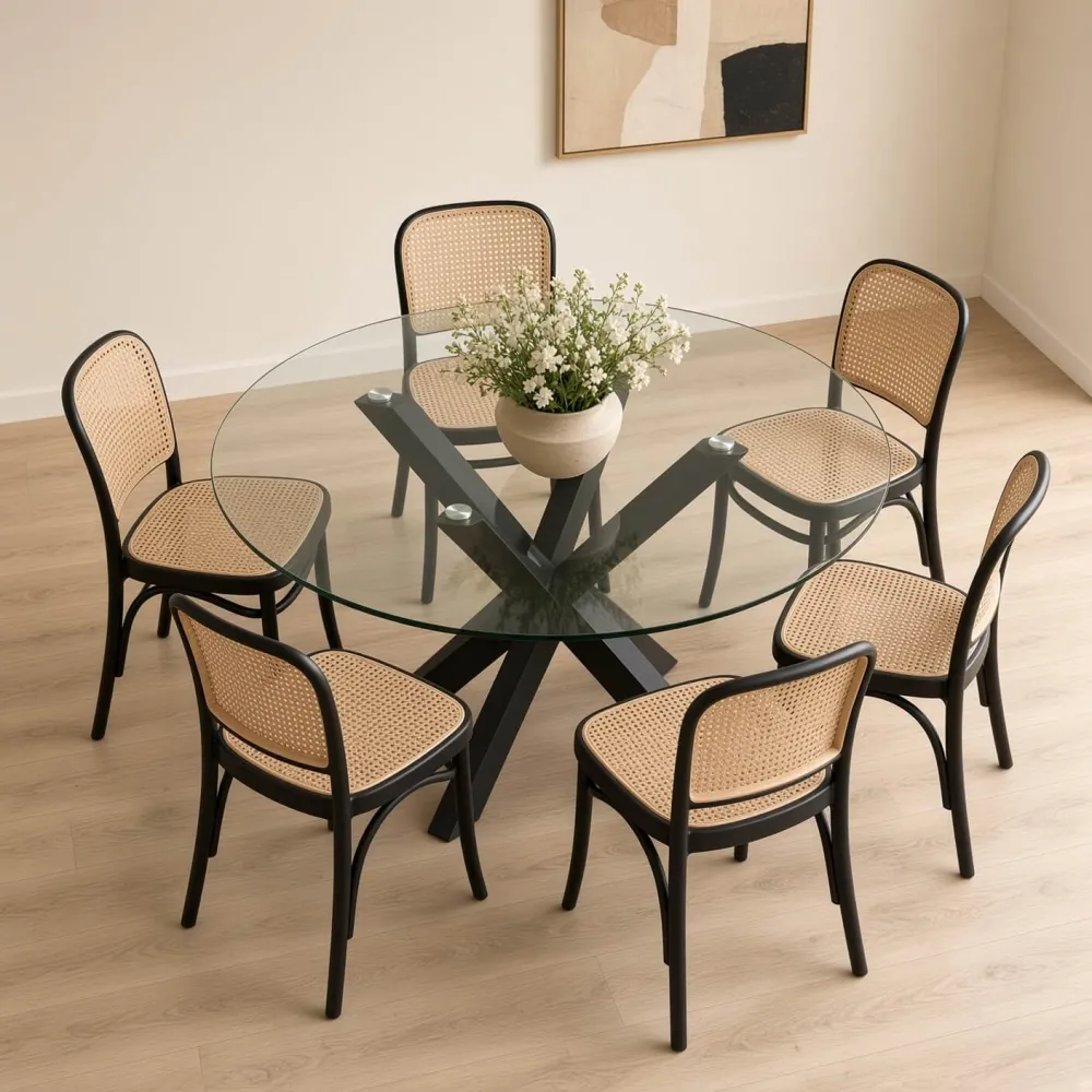 Comedor Redondo Vidrio Cross 120cm Patas Negras 6 Sillas Lombardía Efecto Ratán