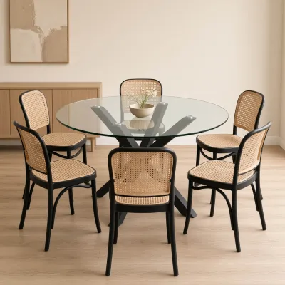 Comedor Redondo Vidrio Cross 120cm Patas Negras 6 Sillas Lombardía Efecto Ratán