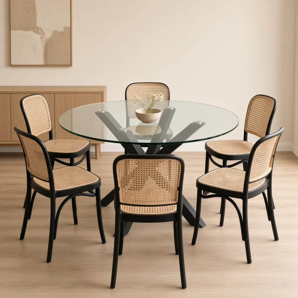 Comedor Redondo Vidrio Cross 120cm Patas Negras 6 Sillas Lombardía Efecto Ratán