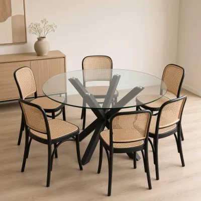 Comedor Redondo Vidrio Cross 120cm Patas Negras 6 Sillas Lombardía Efecto Ratán