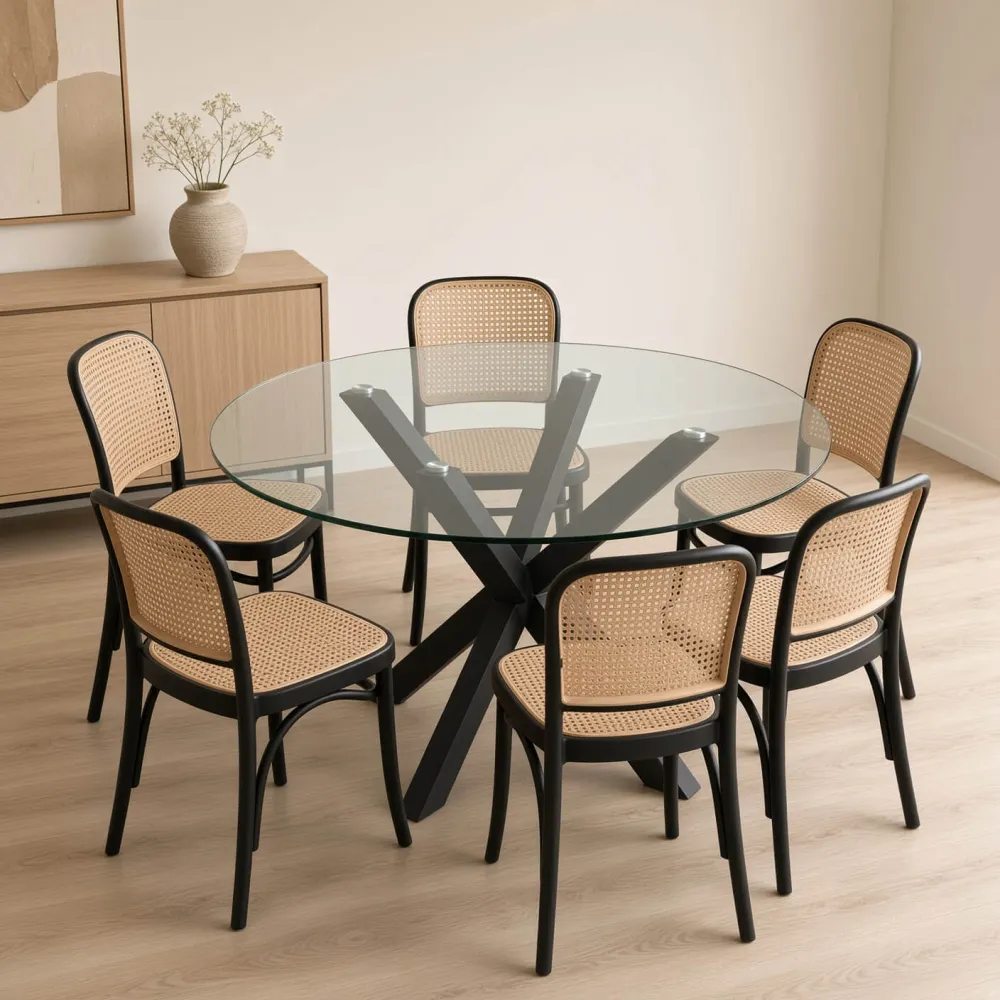 Comedor Redondo Vidrio Cross 120cm Patas Negras 6 Sillas Lombardía Efecto Ratán
