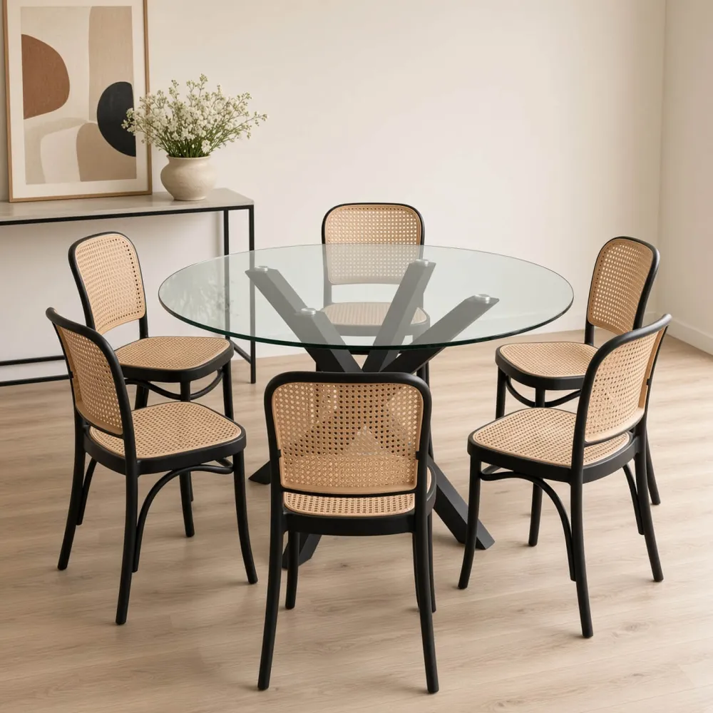 Comedor Redondo Vidrio Cross 120cm Patas Negras 6 Sillas Lombardía Efecto Ratán