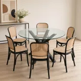 Comedor Redondo Vidrio Cross 120cm Patas Negras 6 Sillas Lombardía Efecto Ratán