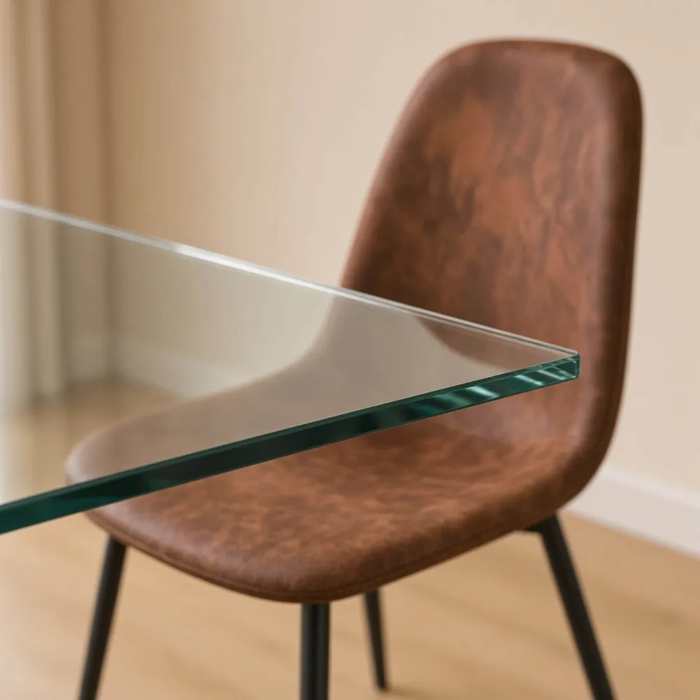 Comedor Rectangular Vidrio Cross 140x90cm Patas Negras 4 Sillas Scoop Ecocuero Café Vintage