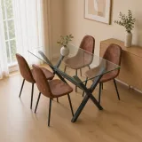 Comedor Rectangular Vidrio Cross 140x90cm Patas Negras 4 Sillas Scoop Ecocuero Café Vintage