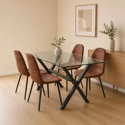Comedor Rectangular Vidrio Cross 140x90cm Patas Negras 4 Sillas Scoop Ecocuero Café Vintage