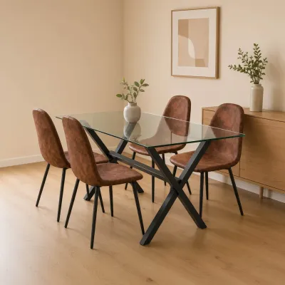 Comedor Rectangular Vidrio Cross 140x90cm Patas Negras 4 Sillas Scoop Ecocuero Café Vintage