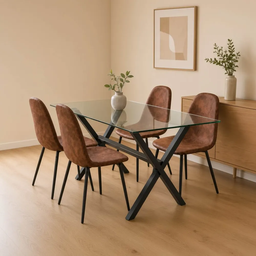 Comedor Rectangular Vidrio Cross 140x90cm Patas Negras 4 Sillas Scoop Ecocuero Café Vintage