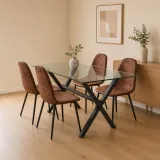 Comedor Rectangular Vidrio Cross 140x90cm Patas Negras 4 Sillas Scoop Ecocuero Café Vintage