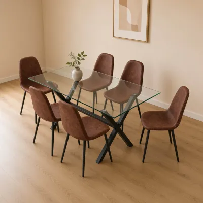 Comedor Rectangular Vidrio Cross 140x90cm Patas Negras 6 Sillas Scoop Ecocuero Café Vintage