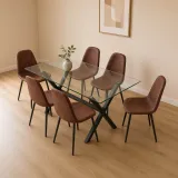 Comedor Rectangular Vidrio Cross 140x90cm Patas Negras 6 Sillas Scoop Ecocuero Café Vintage
