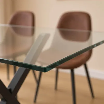 Comedor Rectangular Vidrio Cross 140x90cm Patas Negras 6 Sillas Scoop Ecocuero Café Vintage