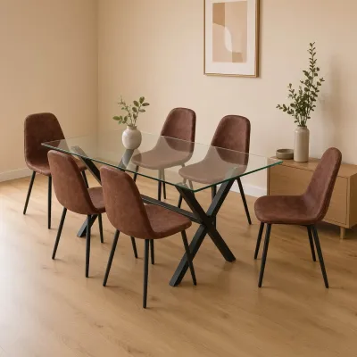 Comedor Rectangular Vidrio Cross 140x90cm Patas Negras 6 Sillas Scoop Ecocuero Café Vintage