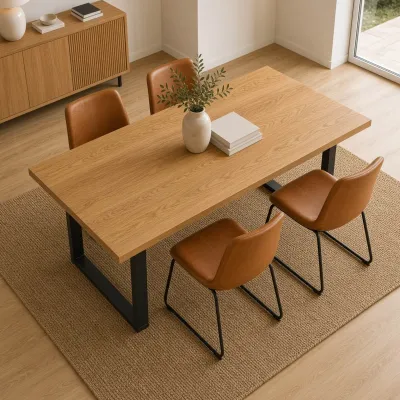 Comedor Rectangular Industrial 140x90cm Patas Negras 4 Sillas Burgos Ecocuero Café