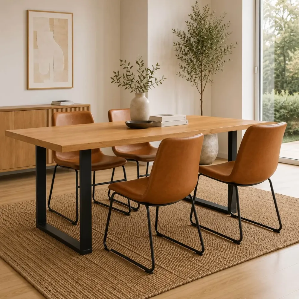 Comedor Rectangular Industrial 140x90cm Patas Negras 4 Sillas Burgos Ecocuero Café