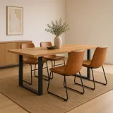Comedor Rectangular Industrial 140x90cm Patas Negras 4 Sillas Burgos Ecocuero Café