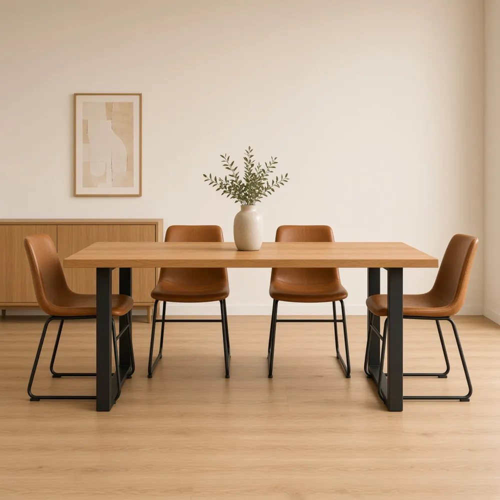 Comedor Rectangular Industrial 140x90cm Patas Negras 4 Sillas Burgos Ecocuero Café