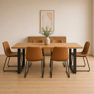 Comedor Rectangular Industrial 140x90cm Patas Negras 6 Sillas Burgos Ecocuero Café