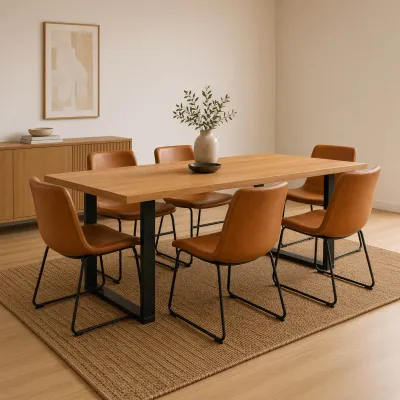Comedor Rectangular Industrial 140x90cm Patas Negras 6 Sillas Burgos Ecocuero Café