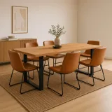Comedor Rectangular Industrial 140x90cm Patas Negras 6 Sillas Burgos Ecocuero Café