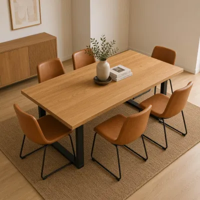 Comedor Rectangular Industrial 140x90cm Patas Negras 6 Sillas Burgos Ecocuero Café