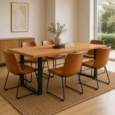Comedor Rectangular Industrial 140x90cm Patas Negras 6 Sillas Burgos Ecocuero Café